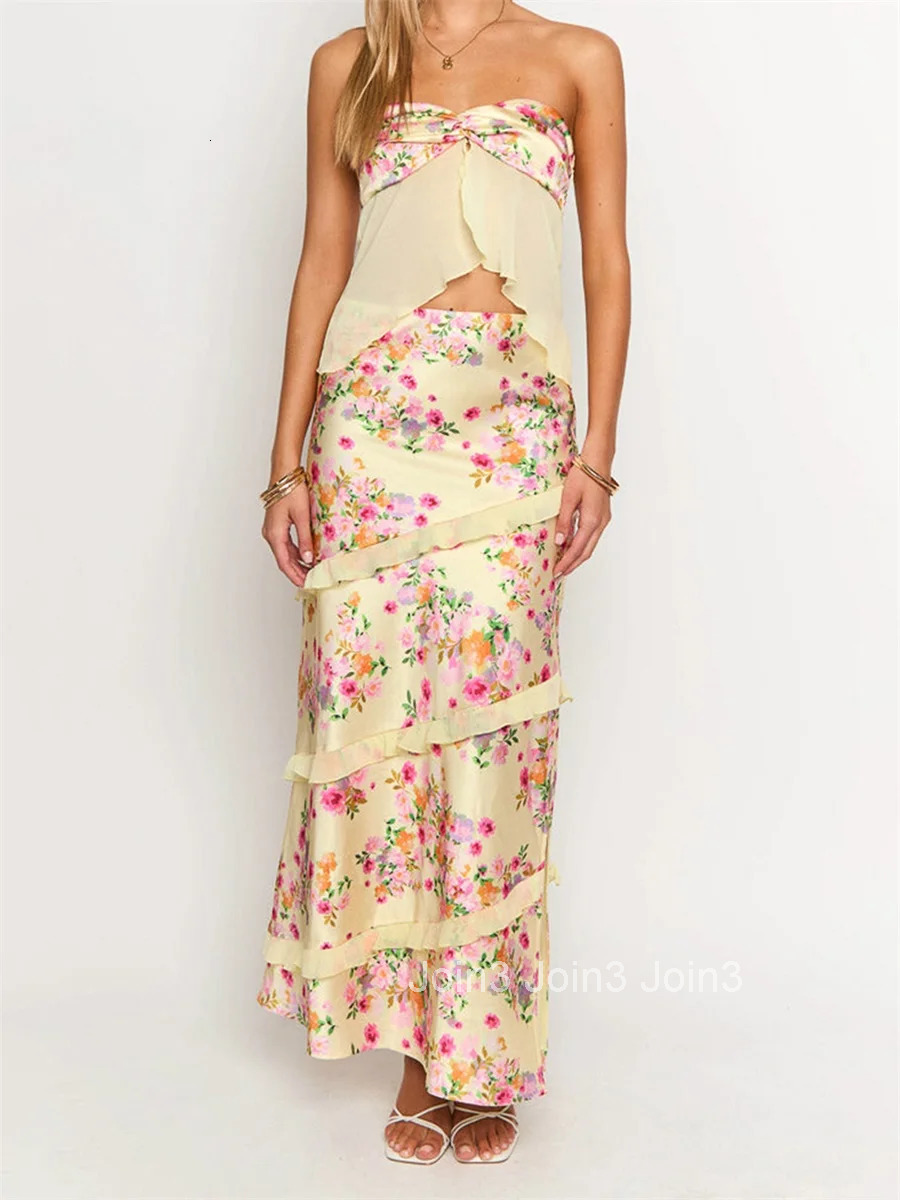 Floral Print Bandeau Tops Womensummer Fashion Solid Color Strapless Tube Tops Backless Streetwear Shirts Trendy Chic Style