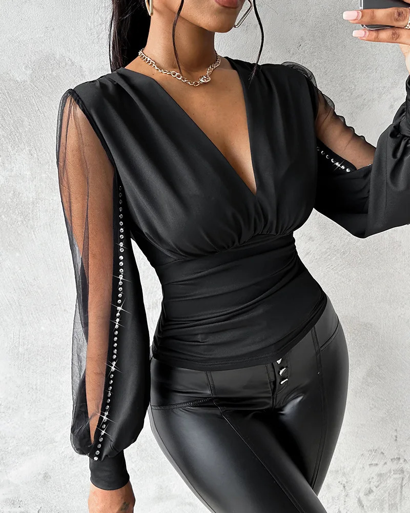 Fashion Sexy Deep V Neck Pullover Shirt Women Tops Elegant Plunge Sheer Mesh Patch Rhinestone Top Blouse Female blusas mujer 250605