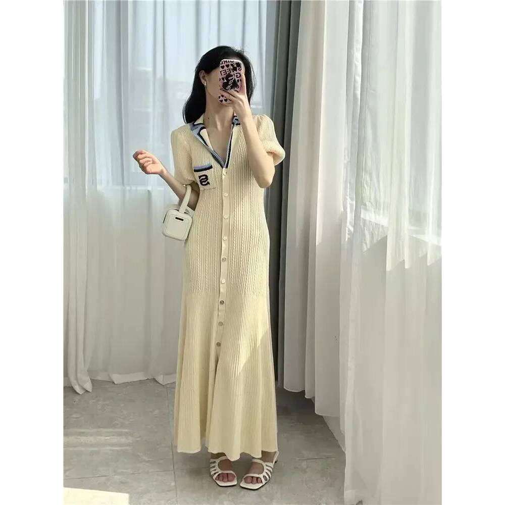 Trendy Style French Paris Fashion Knit Long For Women Classic Minimal Design Embroidery Dress Female Clothing