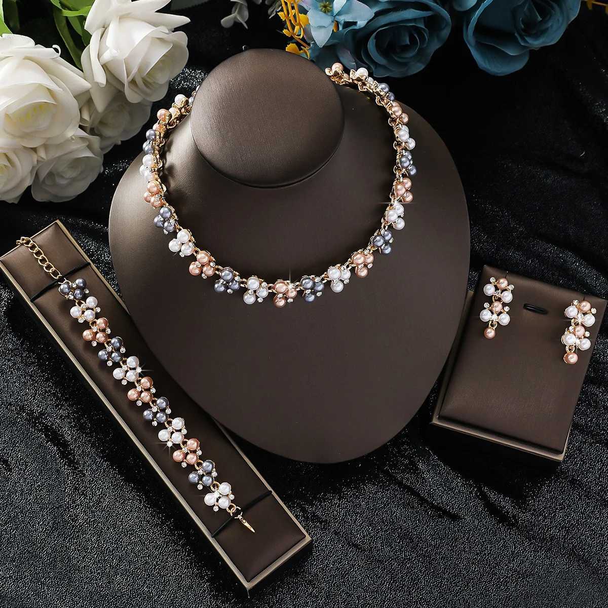 4PC Womens Fashion Simple Imitation Pearl Rhinestone Necklace Earrings Jewelry Set Suitable for Wedding Party Festival Gifts Z250607
