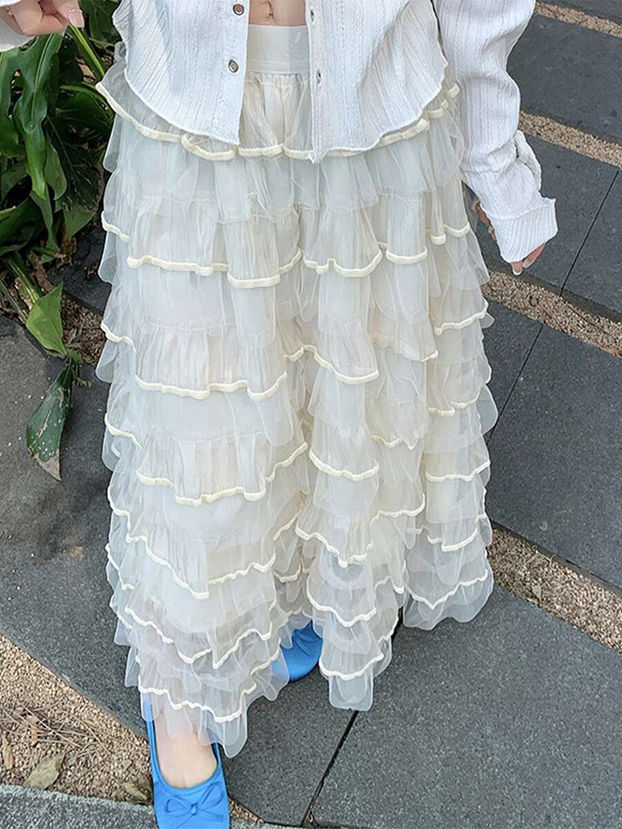 Elegant Womens High Waist Layered Ruffle Tulle Skirt in Solid Color Perfect for Daily Office Wear and Special Occasions