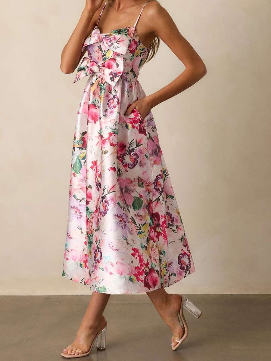 Womens Floral Print Sleeveless Spaghetti Strap Maxi Dress with Bow Front Detail and Loose Fit for Vacation or Special Occasions