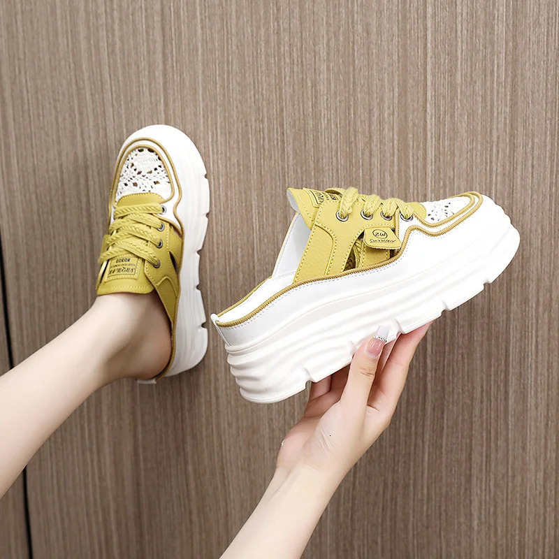 2025 Spring and Summer Thick Sole Increase Baotou Slippers Lady Small White Shoes Muffin Thick Sole Half Slippers 250603