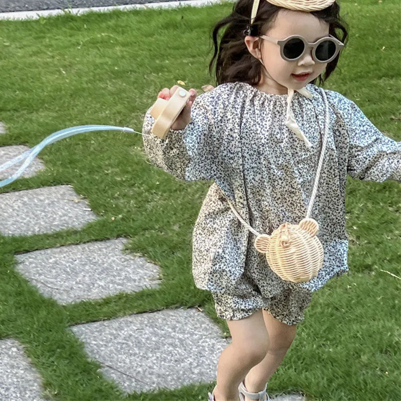 Korean Style Children Cute Single Shoulder Crossbody Bag Girls Messenger Kids Rattan Weaving Bear Head Bag 250605