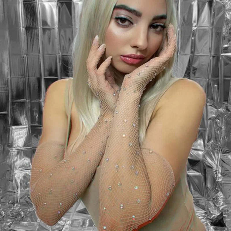 Flash Diamond Mesh Bounce Retro Mesh Black Gloves European and American Fashion Stretch Color Diamond Ladies Gloves C018 250603