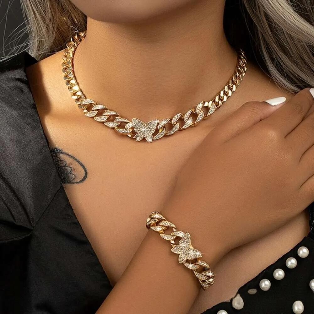 Hip-hop style jewelry Iced Out Buttefly Neckalce 1PC Full Miami Curb Butterfly Cuban Chain Bling Rapper Necklace Bracelet necklaces for Women hip Jewe