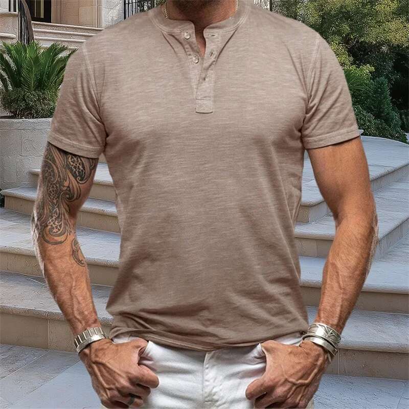 Mens Casual Short Sleeve T-shirt Round Neck Solid Color Basic Tee Summer Button Up Top Streetwear Fashion Wear