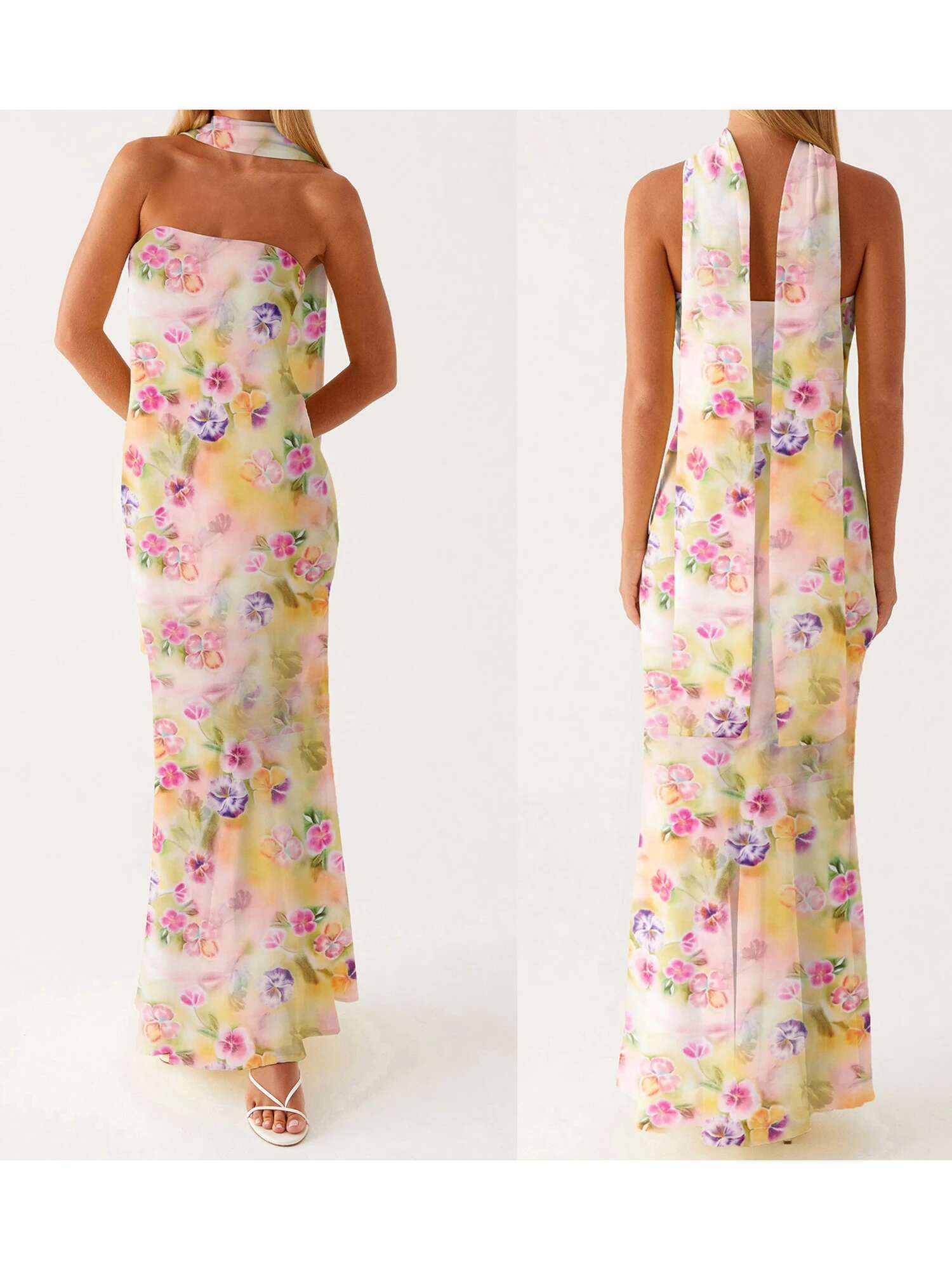 Elegant Floral Print Strapless Maxi Dress with Ruffle Detail and Matching Headscarf for Women
