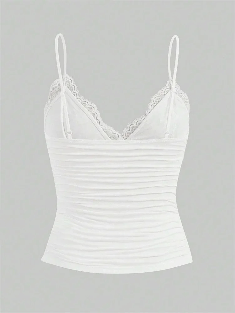 Sexy Contrast Lace Bow Front Crop Cami Top Women 2025 Summer Grunge Punk Y2K Clothes Ruched Skinny Backless Tee Shirt 250527