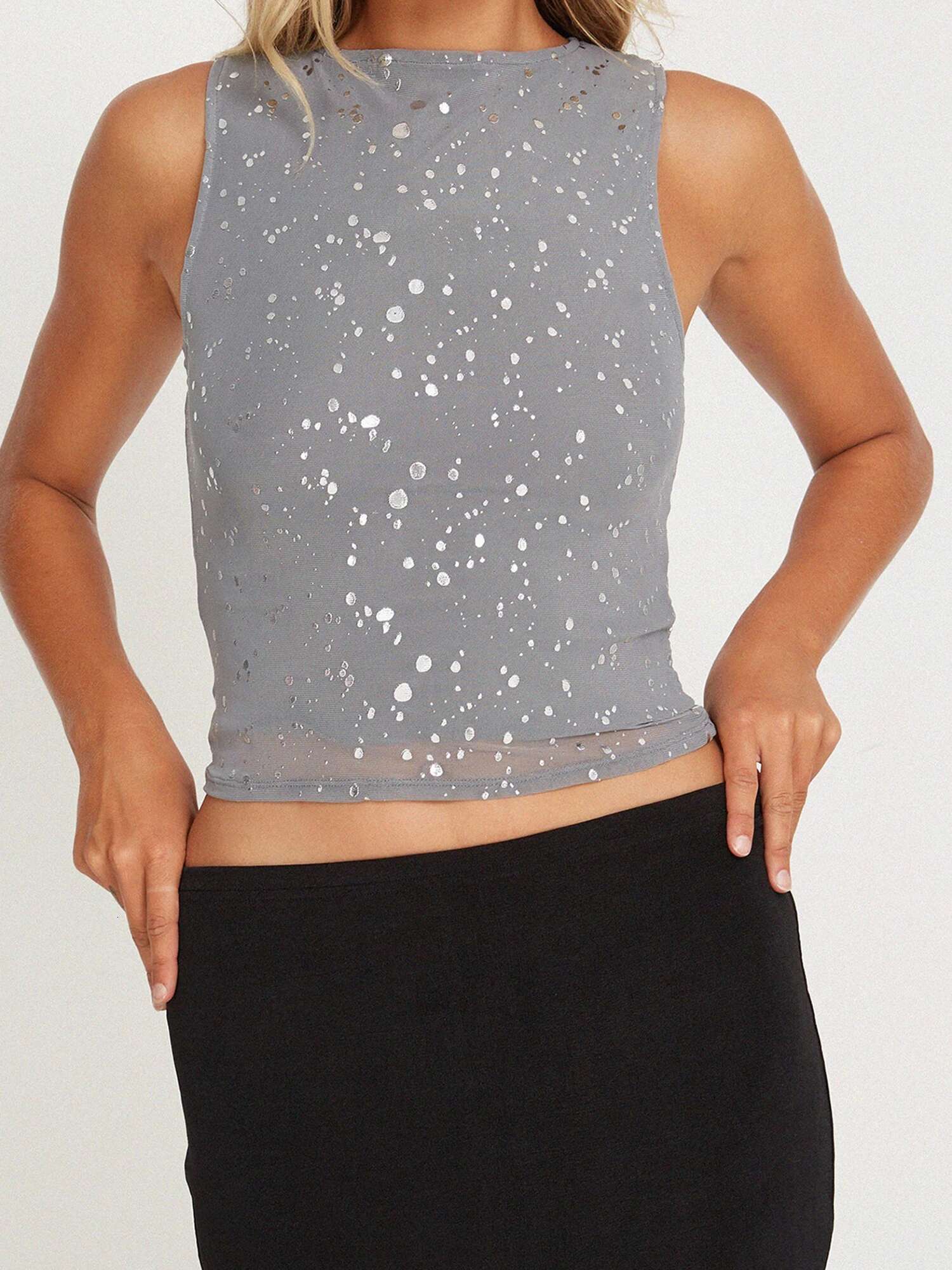 Womens Summer Sleeveless Crop Top with Shimmering Gold Foil Detail and Mesh Inserts for Chic Street Style Fashion