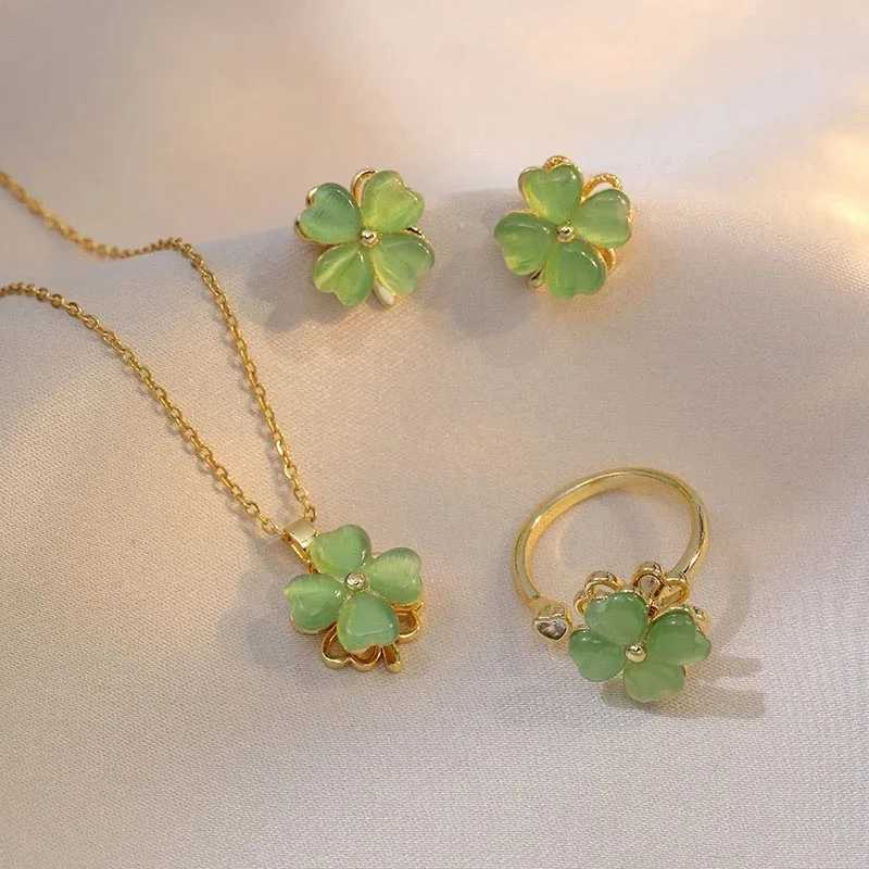 Stainless Steel Green Necklace Earrings Ring for Women New Gold Color Zircon Opal Stone Jewelry Gift Z250607