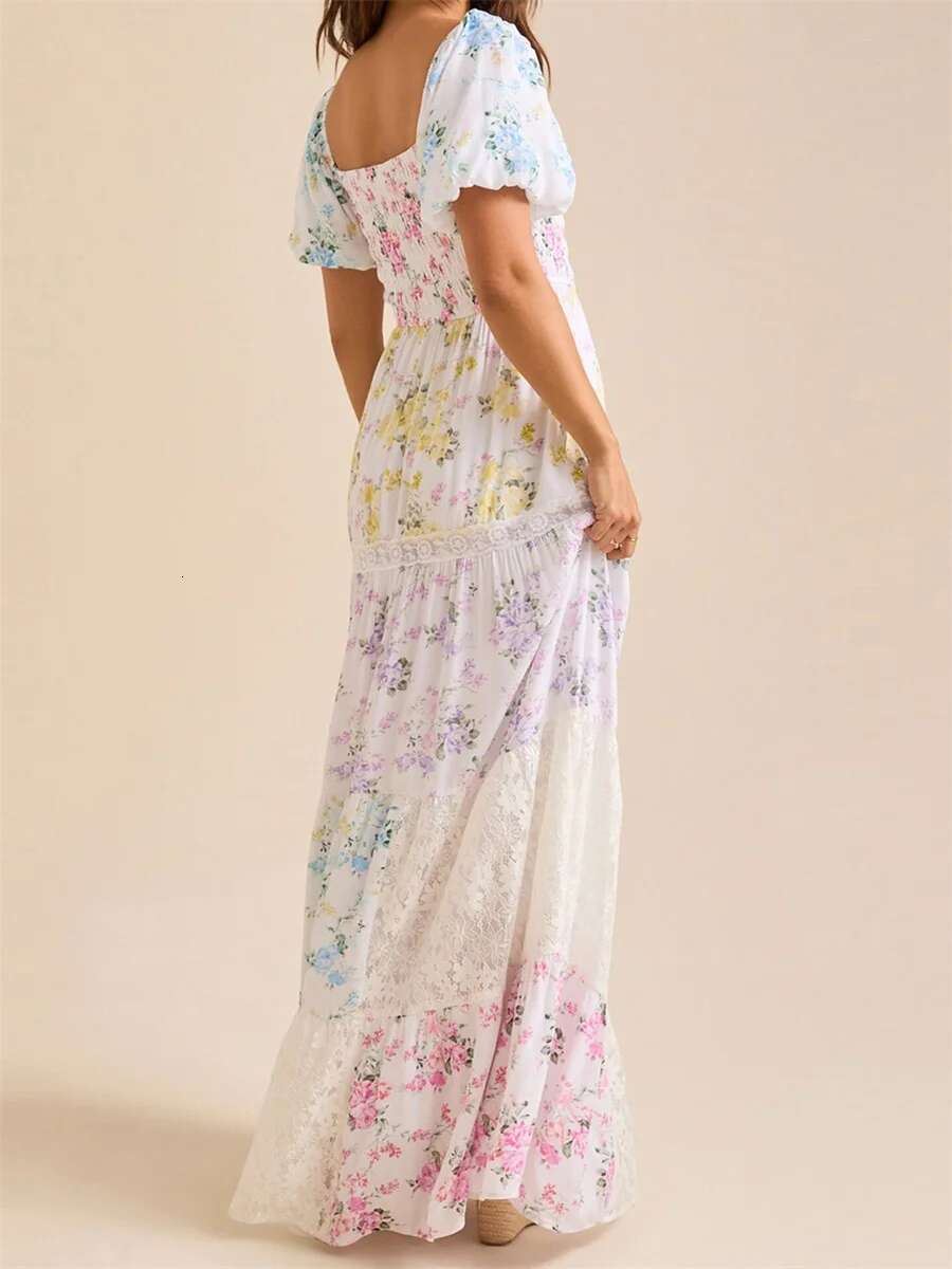 Elegant Floral Print Short Sleeve A-line Dress with Ruffled Hem for Women Perfect for Cocktail Parties and Streetwear Fashion