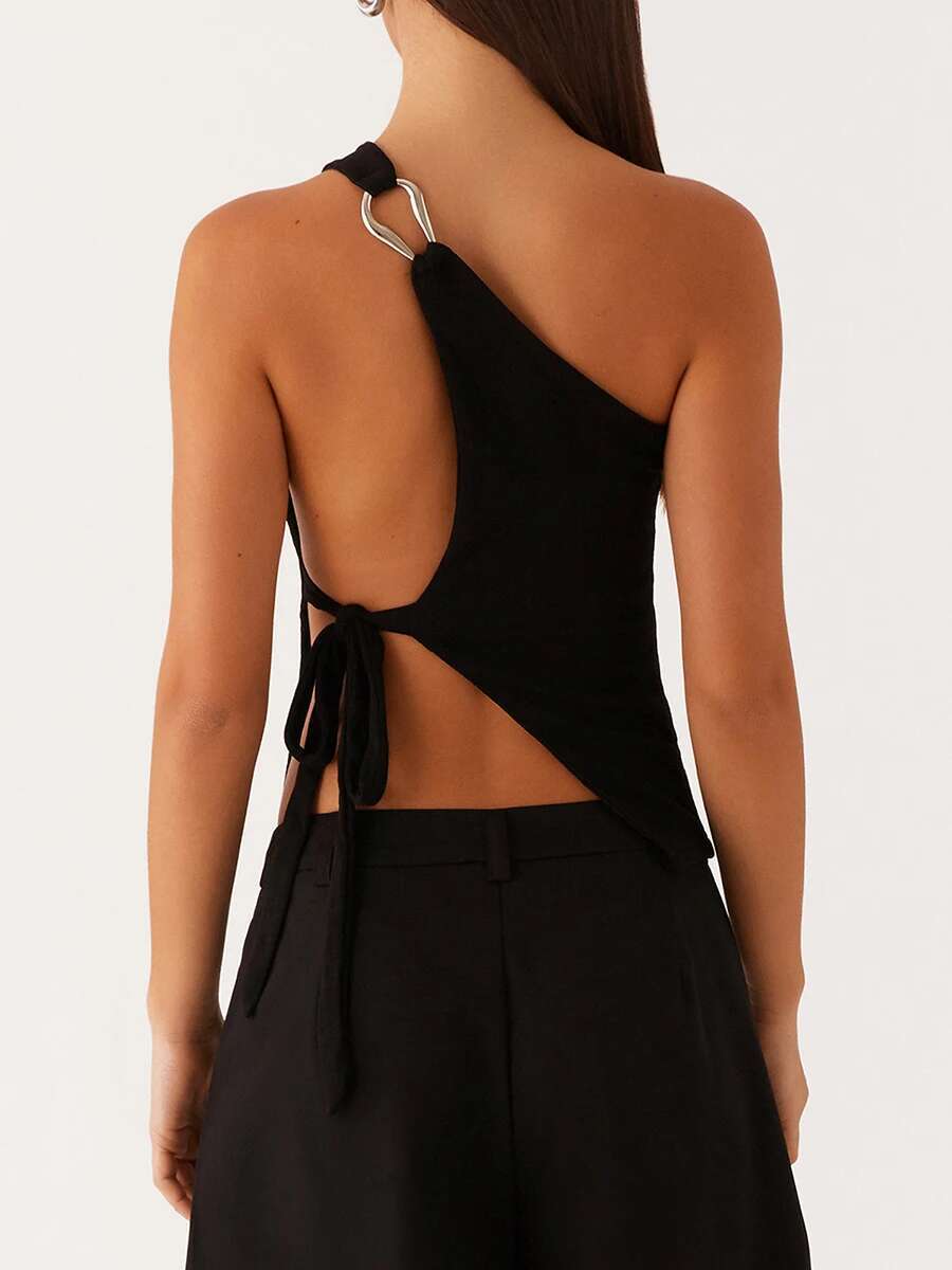 Elegant One Shoulder Blouse Womens Fashionable Sleeveless Top with Chic Side Knot Detail for Summer Wear