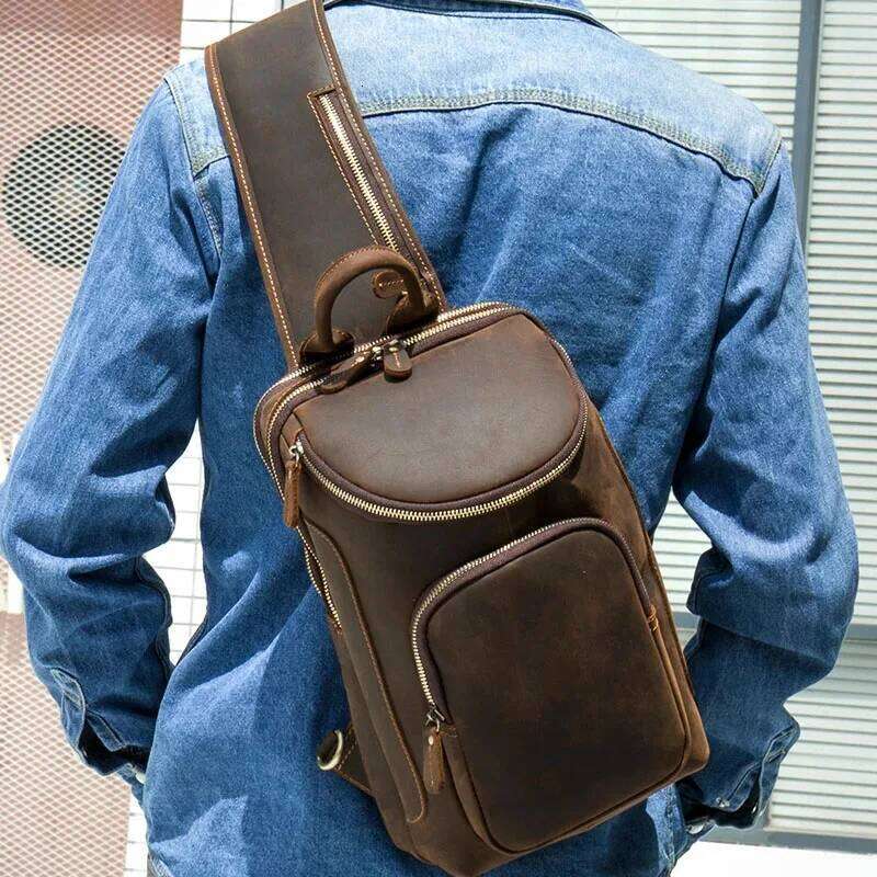 Men Bagpack Shoulder Cross Body Genuine Leather Cowskin Chest Pack For Outdoor Travel Messenger Bag Riding