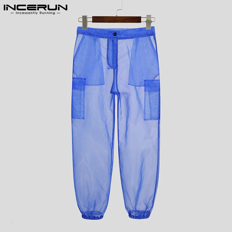 INCERUN Men Mesh Sleep Bottoms Lace Transparent Drawstring Sexy Homewear Pockets Breathable Trousers Male Sleep Pants S-5XL 250605