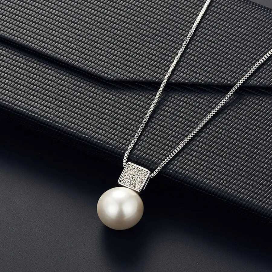 2 PCS Imitation Pearl Pendant Women Necklace Earring Stud Set Silver Color Snake Chain Square Metal Full Crystal Jewelry Set Z250607