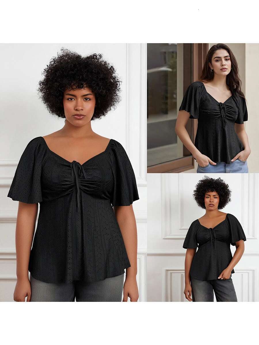 Women Plus Size Tops Casual Short Sleeve Blouses Solid Color V-neck Hollow-out Drawstring Tie-up Front Summer Shirt Feminine