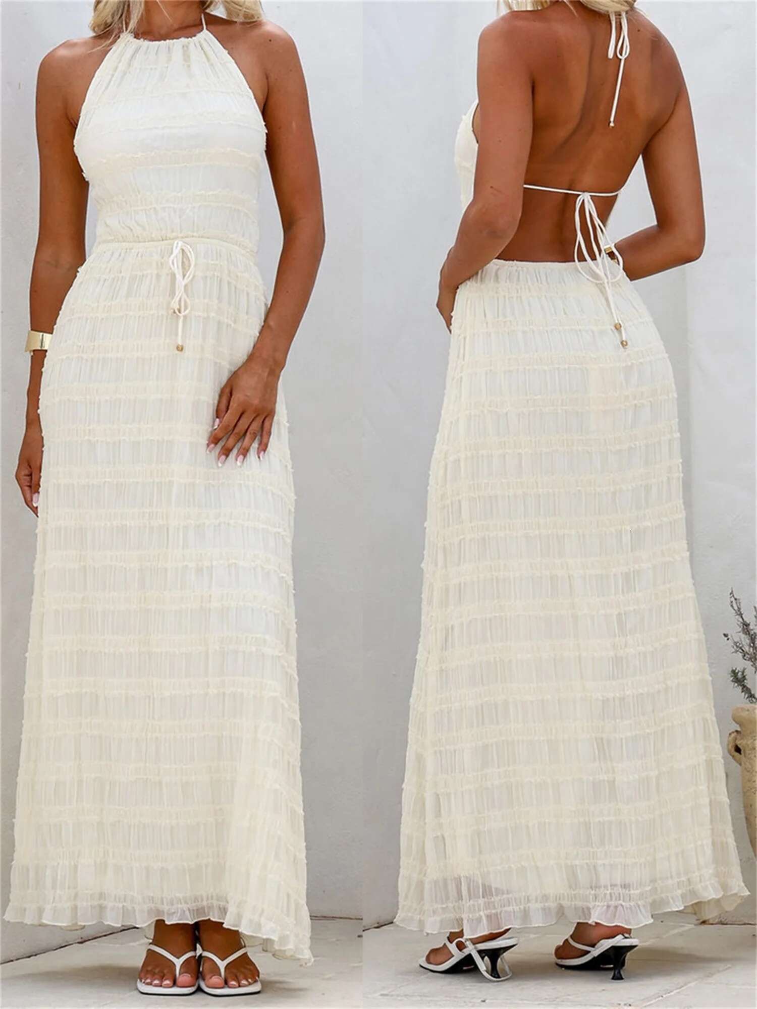 Elegant V-neck Maxi Dress with Ruffle Detail and Adjustable Waist Tie Sleeveless Summer Beach Dress for Women