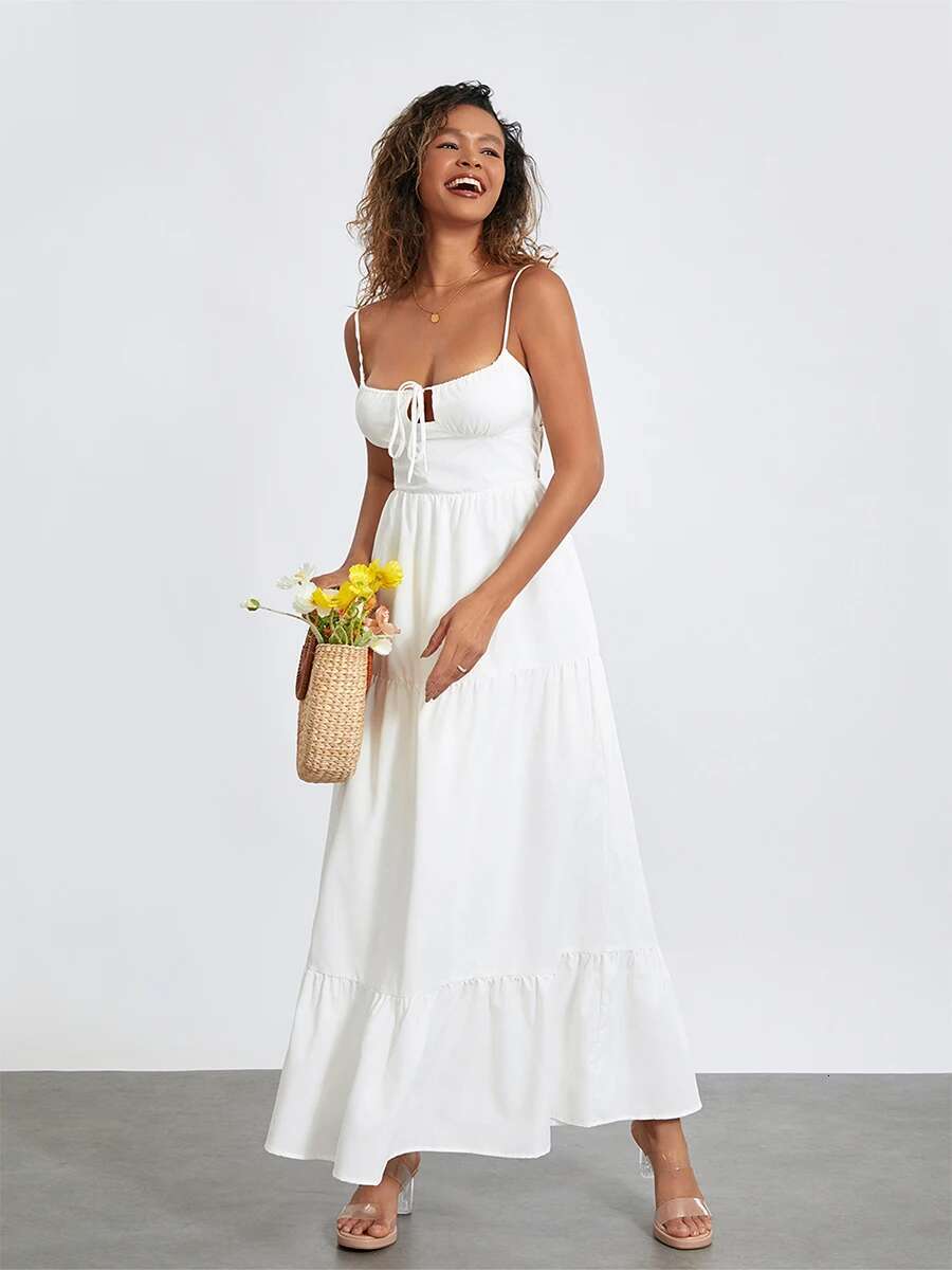 Womens Elegant Floral Print Maxi Dress with V-neckline and Adjustable Spaghetti Straps for Summer Beach Vacation