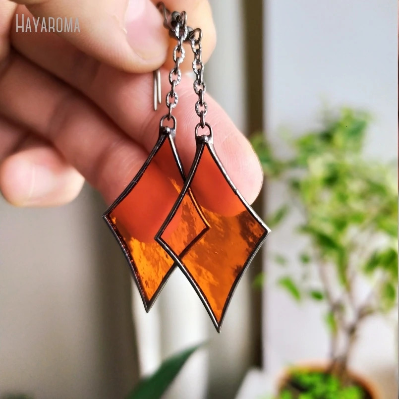 Gunmetal Color Black Orange Stained Glass Sun Catcher On Chain Blazing Soldered Jewelry Gift Elegant Earring ER39875 250604