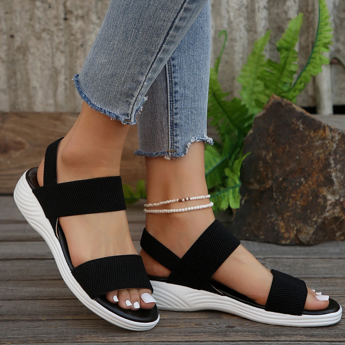 Womens Knit Elastic Cloth Wedge Sandals Slip on Lightweight Walking Sandals Ladies Plus Size Comfortable Summer Shoes for Women 250604