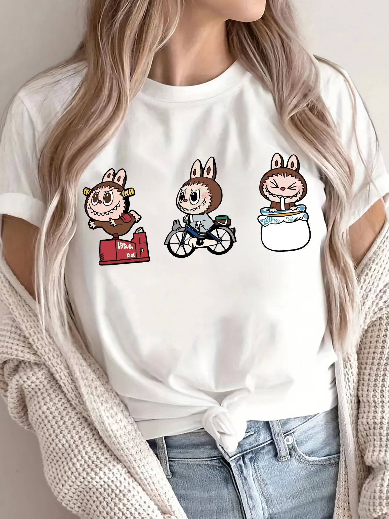 Women Cartoon Print Designer T-Shirt Casual Sporty Style Short Sleeves Perfect for Spring Summer Labubu Pattern Female Tops 2025 New