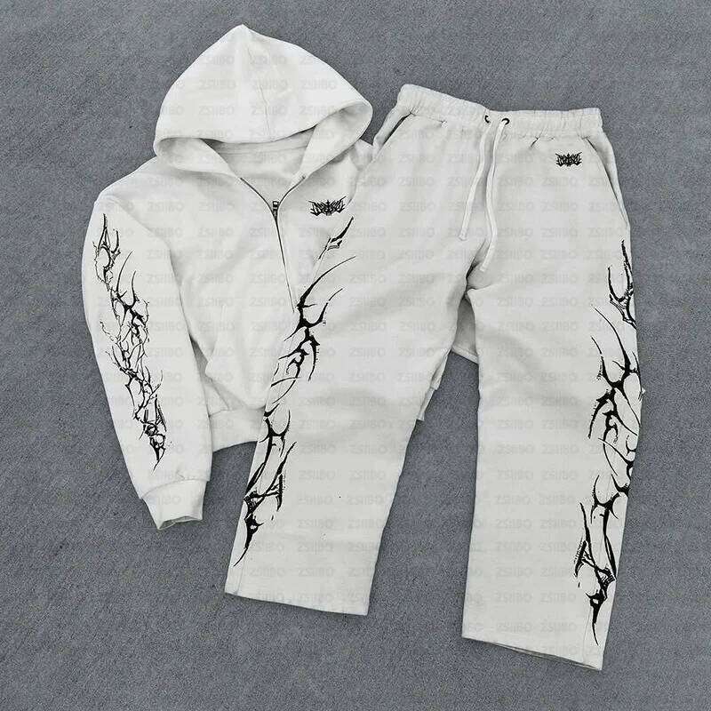 2025 new European and American retro punk complex design printed zipper cardigan hoodie trousers sweatpants suit street wear