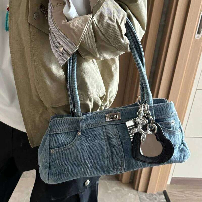 Denim Bags For Women Designer Handbag Purses 2025 New In Washing Process Sequined Lock Top Handle Underarm Cloth Shoulder
