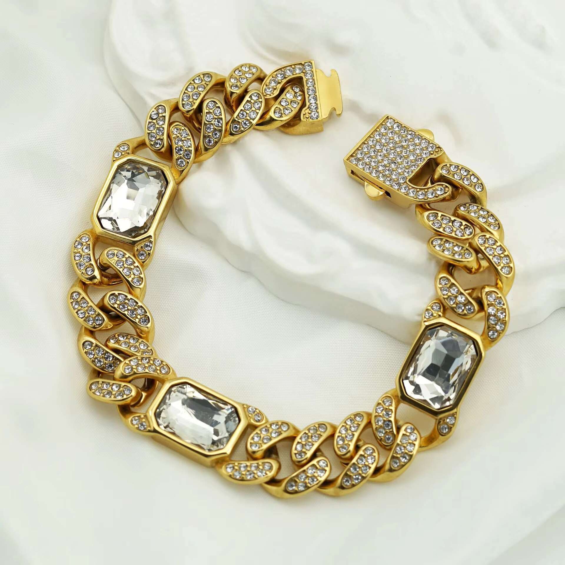 Stainless Steel Cuban Link Chain Mens Iced Out Miami Cuban Bracelet Silver Gold Bling Diamond Hip Hop Jewelry for Men Women