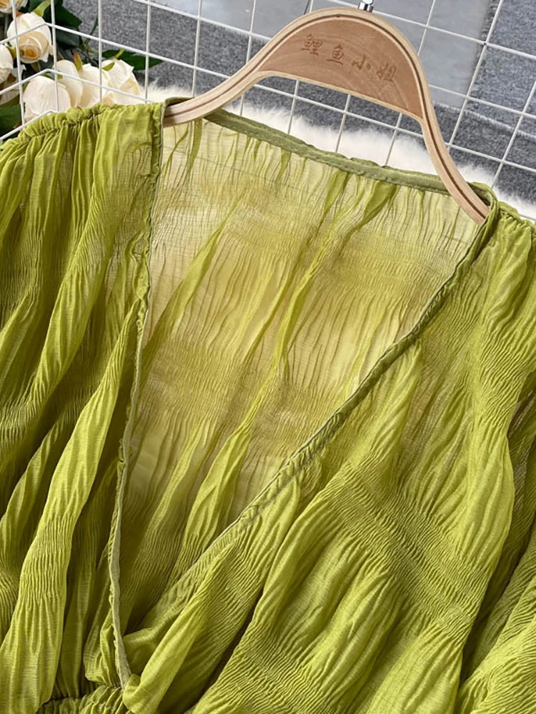 Summer Sexy Draped Chiffon Blouse For Women Elegant V-Neck Puff Long Sleeve Short Tops Female Slim Party Shirts Fashion 250605