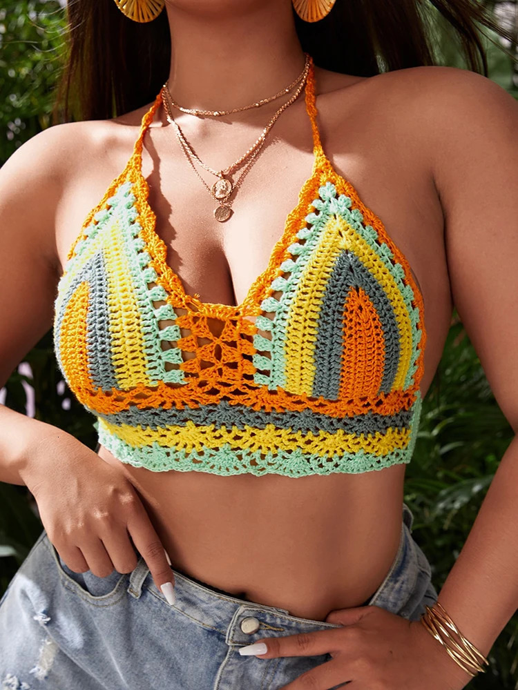 Plus Size Crochet Bikini Top Multi Color Knitted Rainbow Striped Off Shoulder Beachwear Women Beach Swimsuit 250603