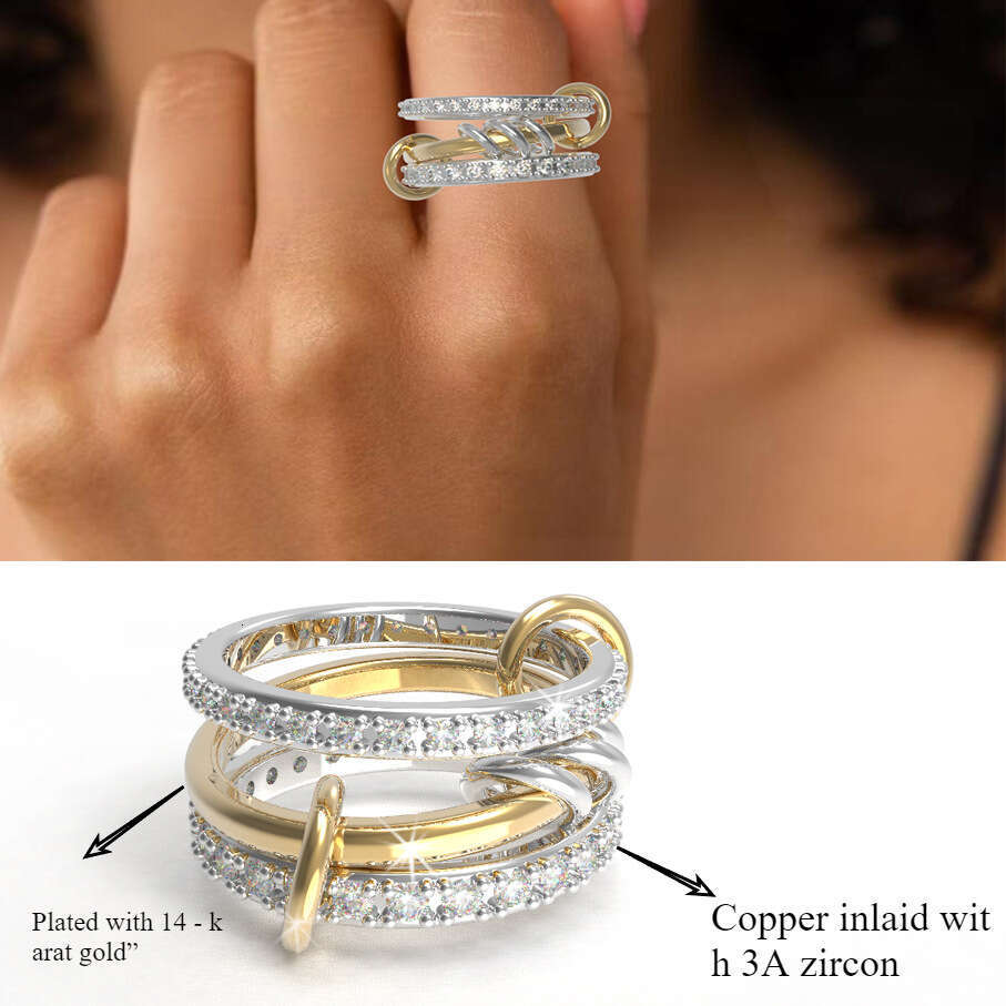 2025 New Copper Material Interlocking Cubic Zirconia Ring Two-tone Multi-element with gift box
