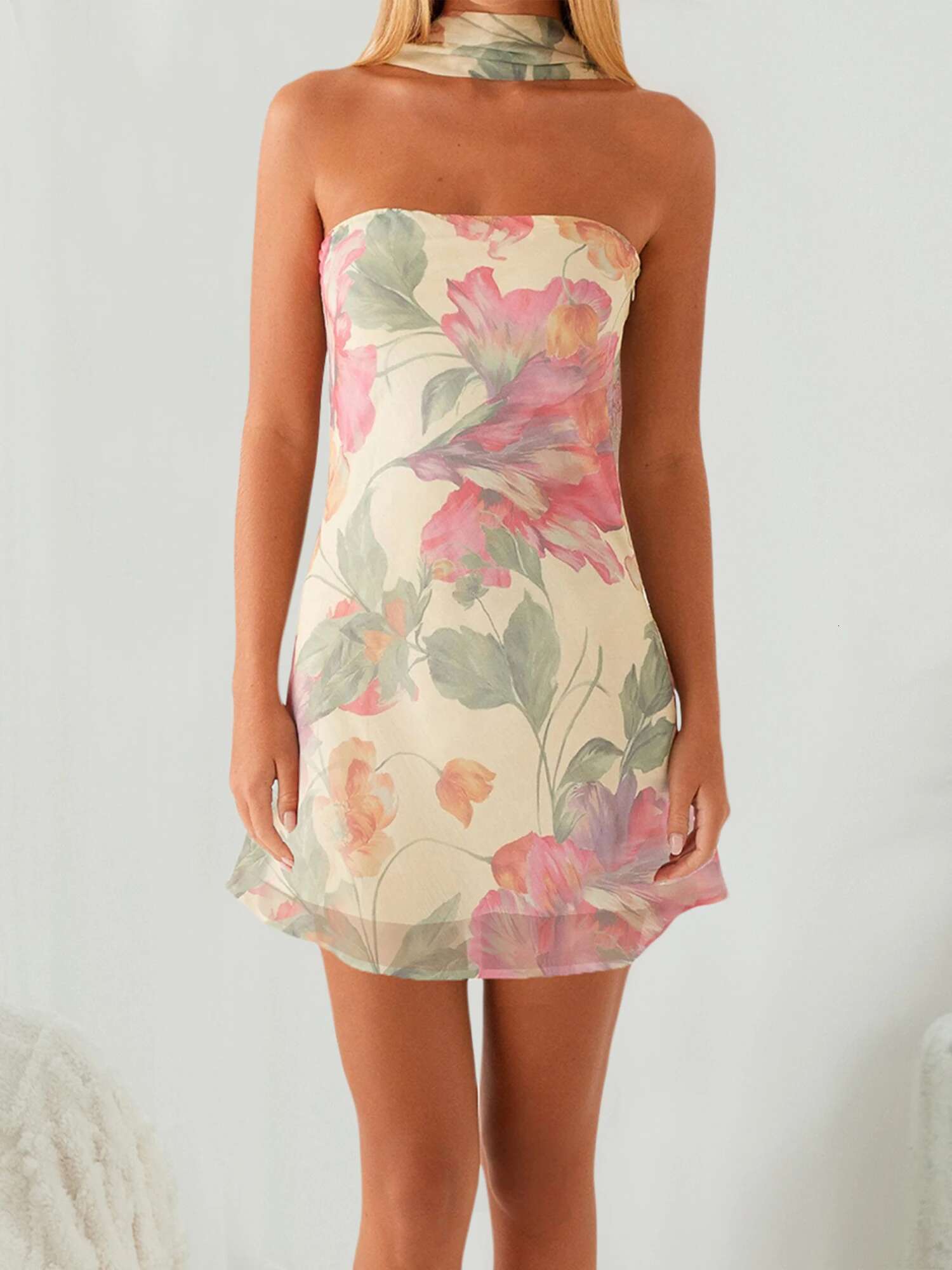 Womensexy V-neck Lace Bodycon Dress Sleeveless Backless Floral Print Fit Party Mini Dress with Belt