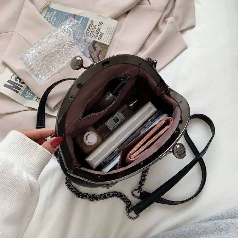 2025 New Vintage Two Straps Shell Lock Bag Chain Women Shoulder Crossbody Bags PU Leather Tote Women's Handbags Purses