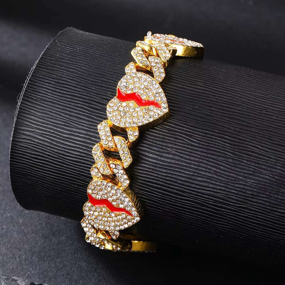Hip Hop 12MM Punk Red Broken Heart Gold Miami Cuban Chain Necklace Bracelet for Men Women Gift