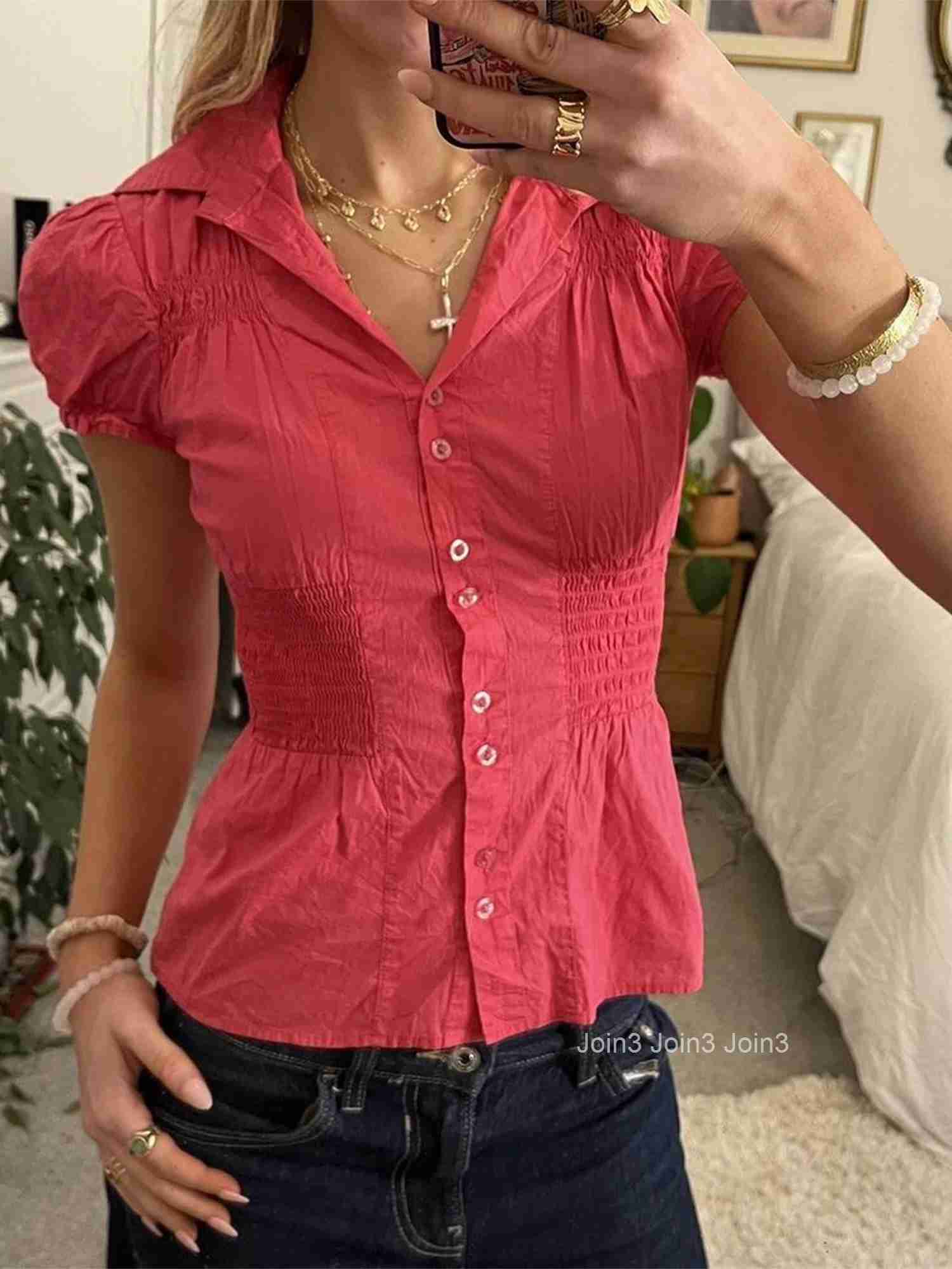Ladies Stylish Short Sleeve Tee Shirt with Button Detail in Solid Color for Casual Streetwear and Grunge Fashion Trends