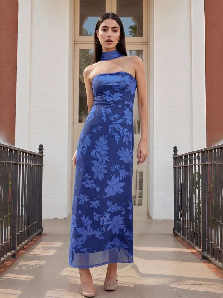 Elegant Maxi Dress with Lace Overlay and Off-shoulder Design Vintage Floral Print Boho Chic Summer Dress for Women