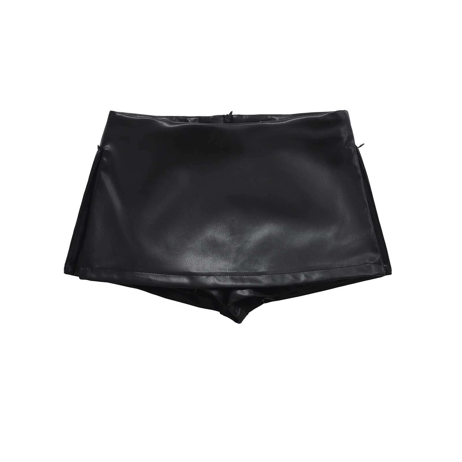 Black Mini Skirts Elegant Korean Fashion Faux Leather Skirts For Woman Low Rise Skirts Split Leather Skirt With Shorts Brown 250606