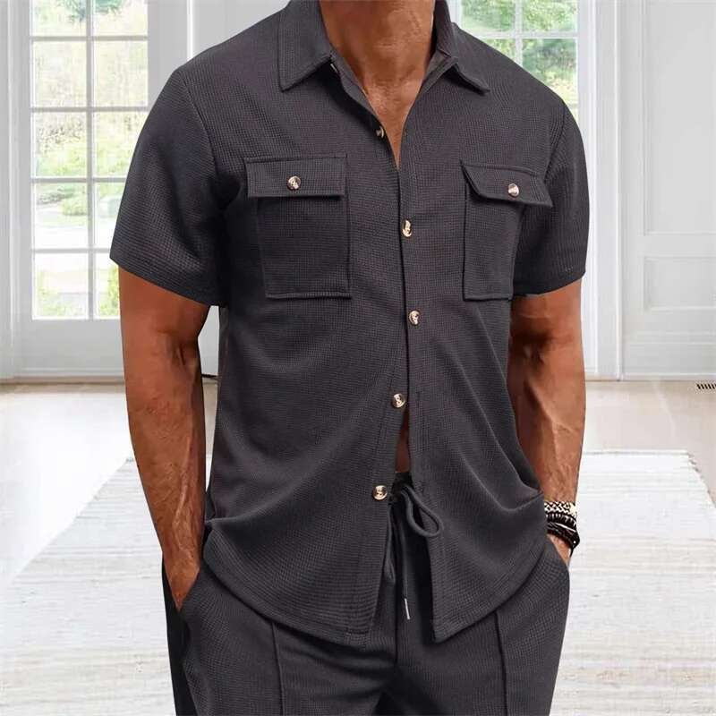 Mens Casual Short Sleeve Button Down Shirt with Turn-down Collar Solid Color Summer Top for Daily Wear and Outings