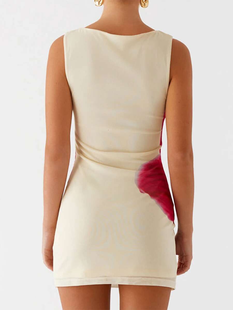 Women Floral Print Sleeveless Crew Neck Bodycon Mini Dress Fit Summer Tank Dress with Elegant Flower Pattern