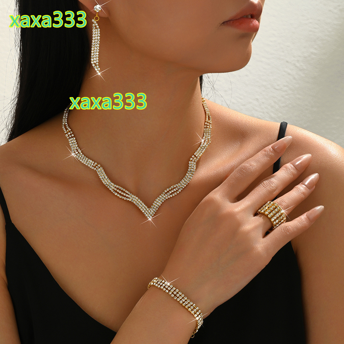 2025 Hot Selling Womens Four-Piece Fashion Jewelry Set Bridal Dinner Casual Diamond Cross-Border Earrings Ring-Popular