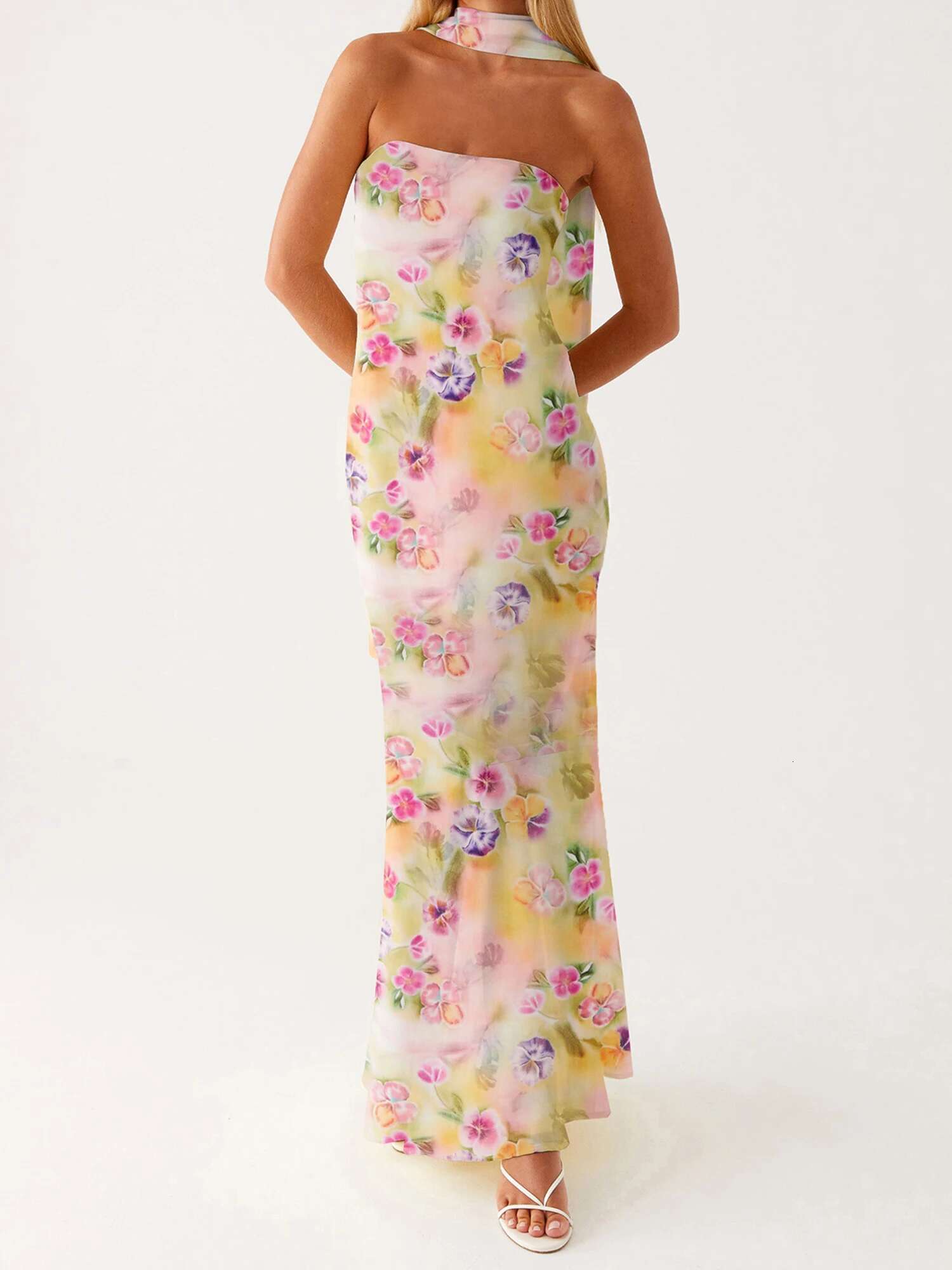 Elegant Floral Print Strapless Maxi Dress with Ruffle Detail and Matching Headscarf for Women