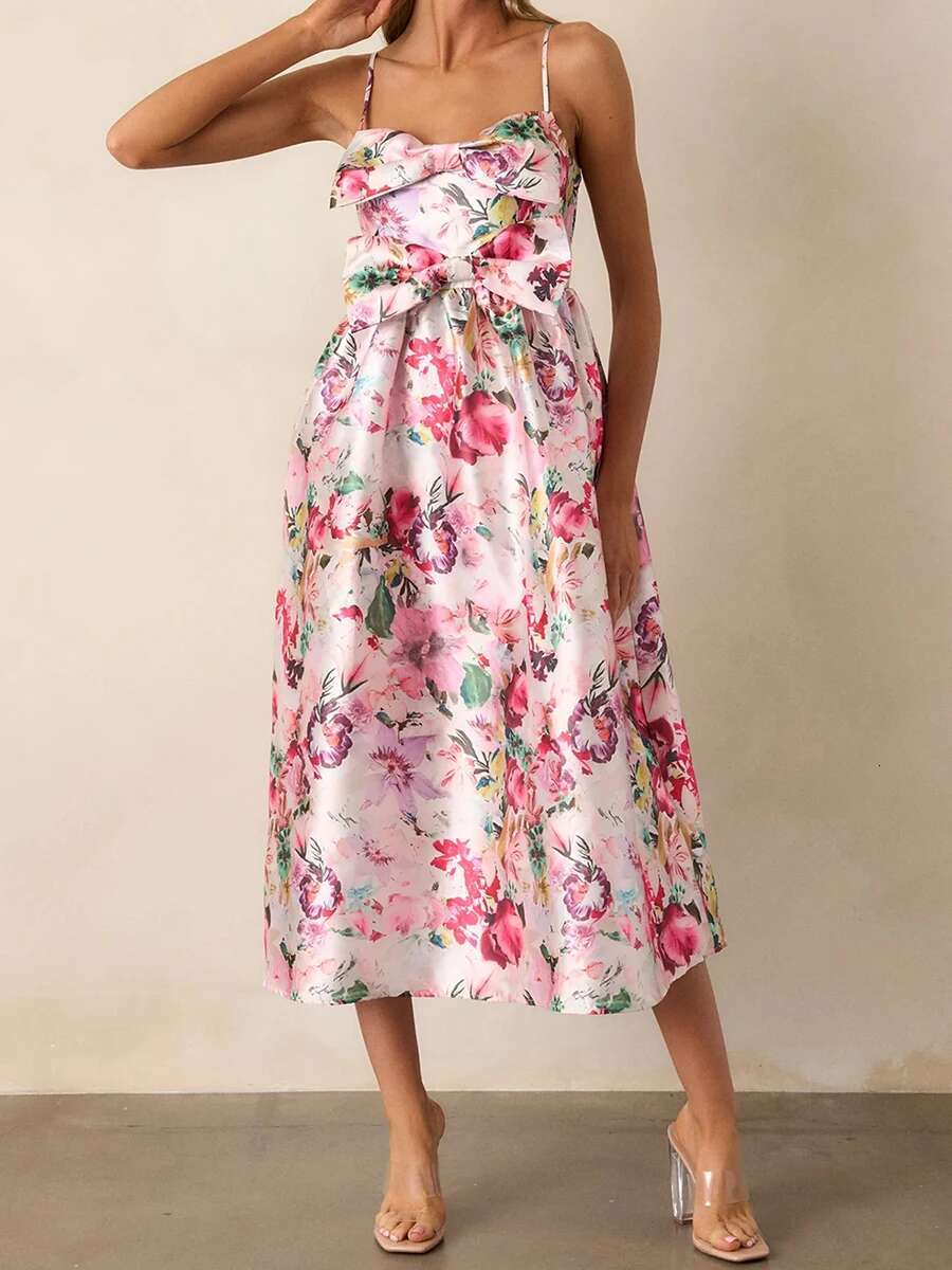 Womens Floral Print Sleeveless Spaghetti Strap Maxi Dress with Bow Front Detail and Loose Fit for Vacation or Special Occasions