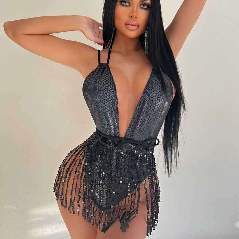 Women's European and American Sexy Deep V Swimwear Ins Style Tassel Performance Costume One-piece Swimsuit Bikini Women 2025 New Casual Fashion T