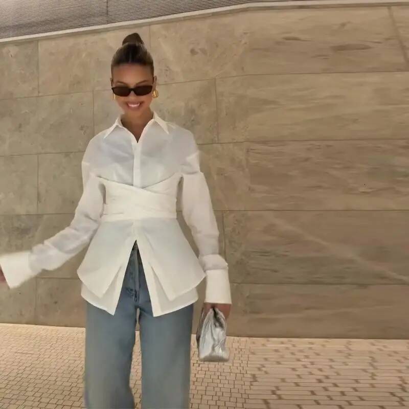 Elegant Women's Waist Up White Shirt Pleat Lapel Long Sleeve Button Blouses Top 2025 Spring Summer Lady High Street Outwear New