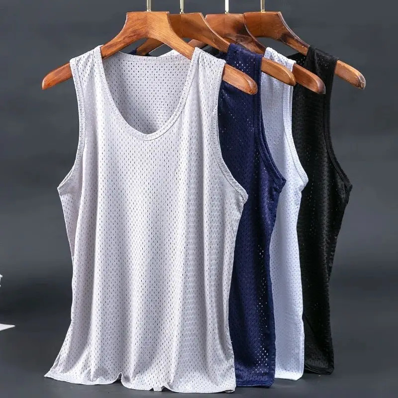 2024 Summer Mesh Mens Tank Tops Ice Silk Vest QuickDrying Breathable Sleeveless TShirts Sports Fitness Top 250527