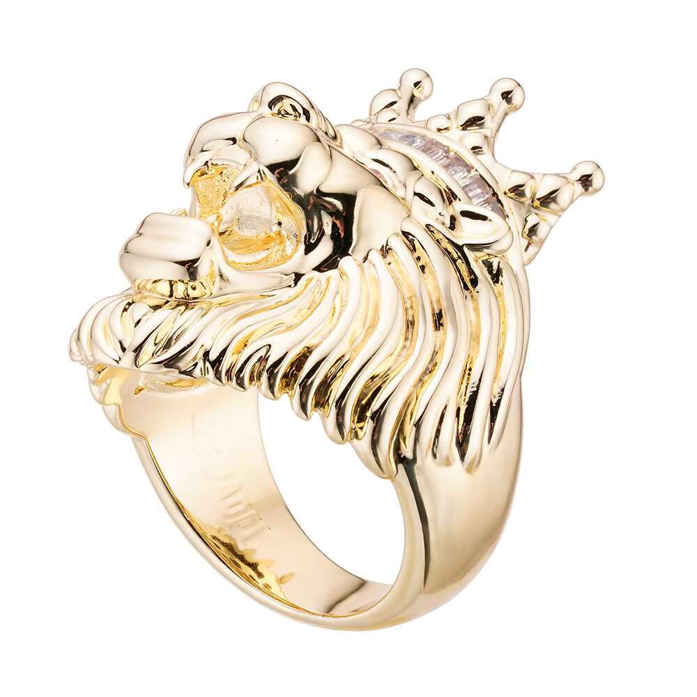 Customization Over Real 925 Silver 10K Yellow Gold Created Diamond Textured Roaring Baguette Crown Lion Face Ring