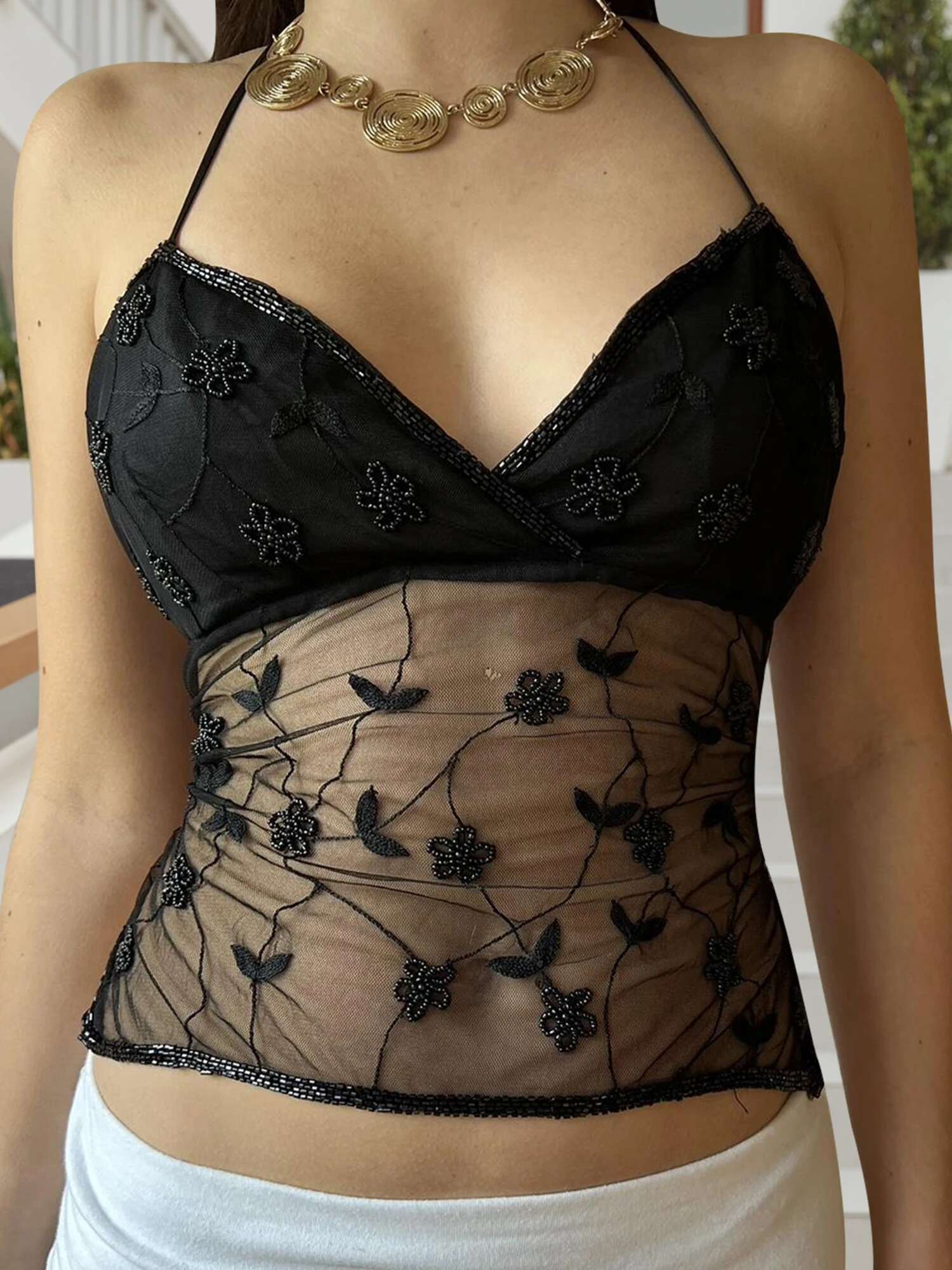 Womens Embroidered Mesh Sleeveless Halter Crop Top with Beaded Flowers and Tie-up Back - Stylish Streetwear Fashion