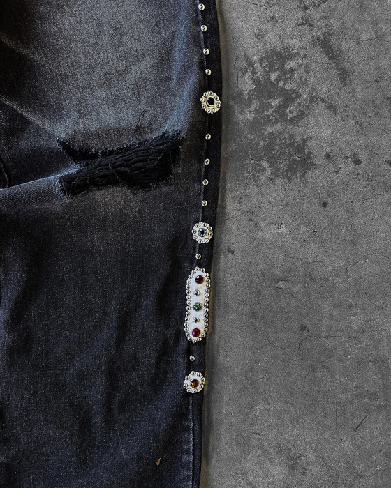 Punk Vintage Rhinestone Embellished Black Jeans Y2k American Style Streetwear Baggy Wide Leg Jeans Men Women Ripped Denim Pants 250603
