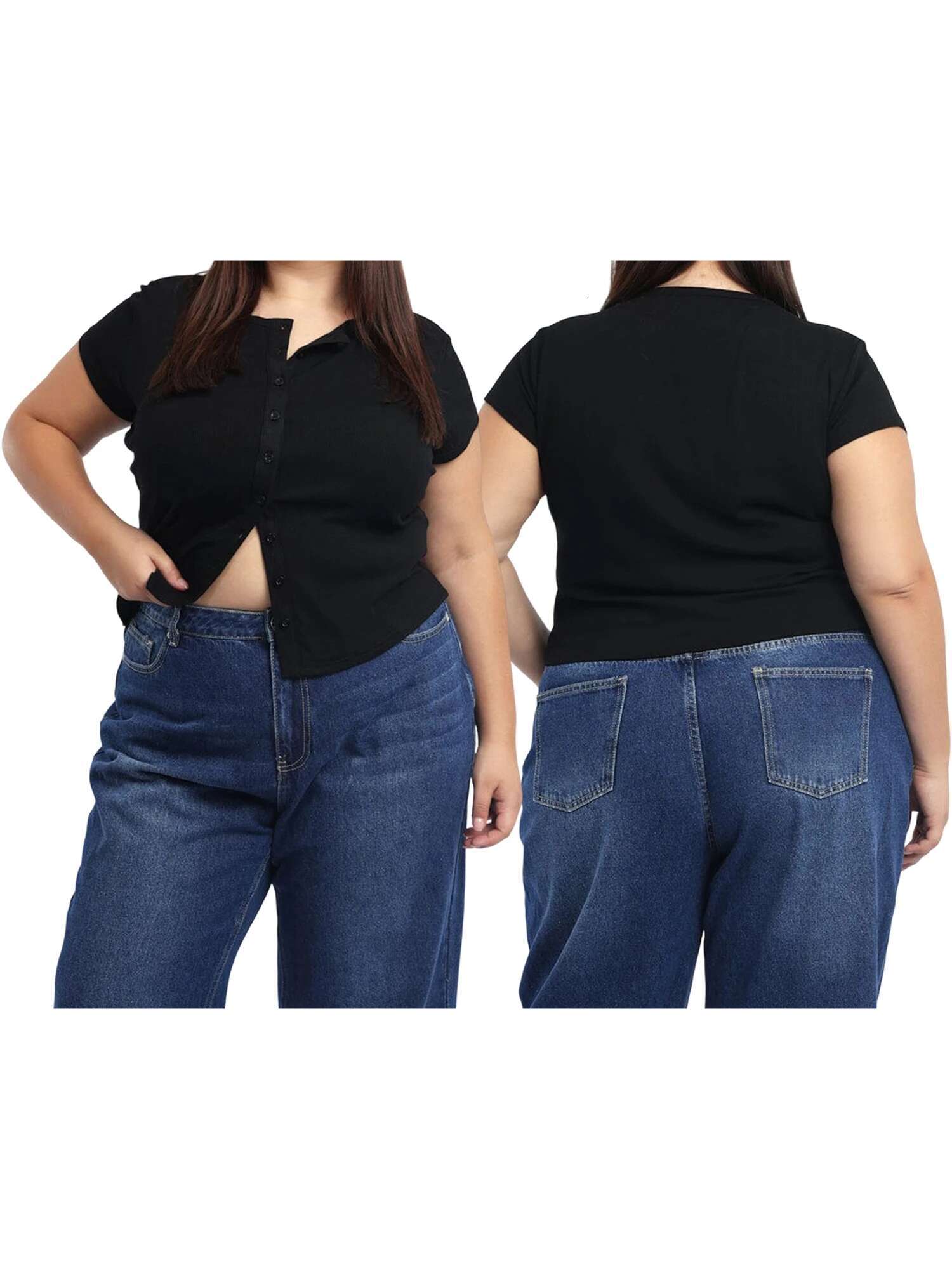 Womens Plus Size Casual Short Sleeve V-neck Solid Color Blouse with Button Detail and Ruched Hem